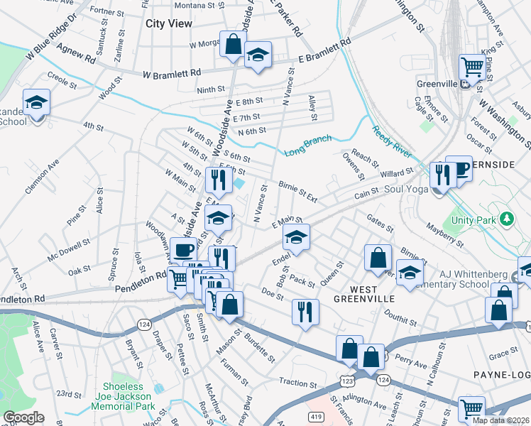 map of restaurants, bars, coffee shops, grocery stores, and more near 17 Linton Street in Greenville