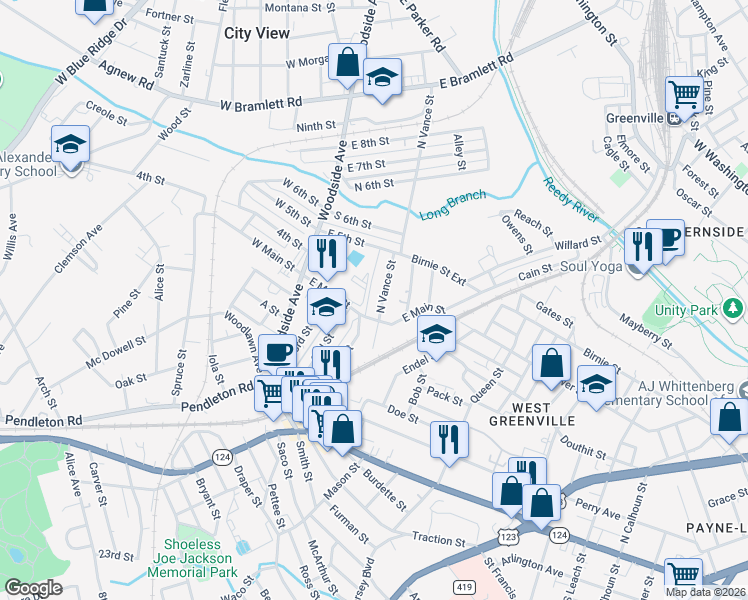 map of restaurants, bars, coffee shops, grocery stores, and more near 25 North Vance Street in Greenville
