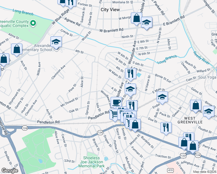 map of restaurants, bars, coffee shops, grocery stores, and more near 508 Spring Street in Greenville