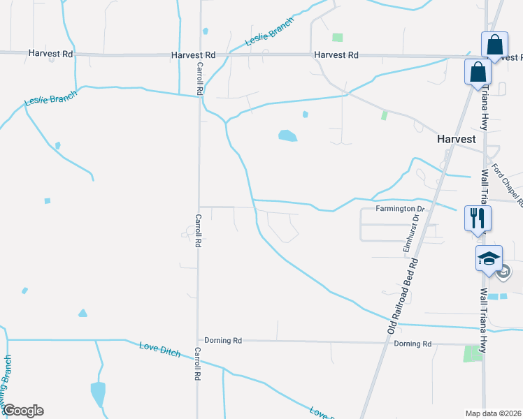 map of restaurants, bars, coffee shops, grocery stores, and more near 747 Carroll Road in Harvest