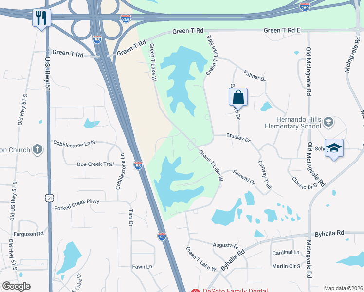map of restaurants, bars, coffee shops, grocery stores, and more near 541 Green T Lake West in Hernando