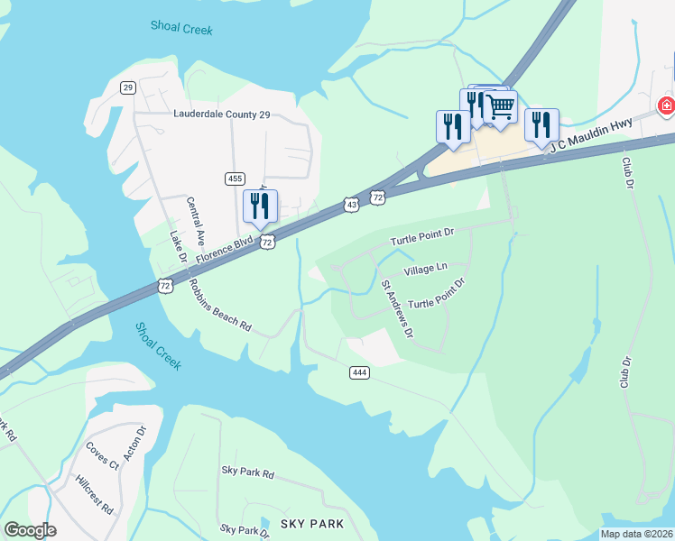 map of restaurants, bars, coffee shops, grocery stores, and more near Turtle Point Court in Killen