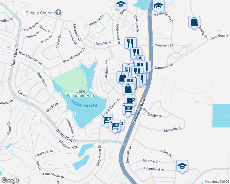 map of restaurants, bars, coffee shops, grocery stores, and more near 112 Audubon Drive in Maumelle