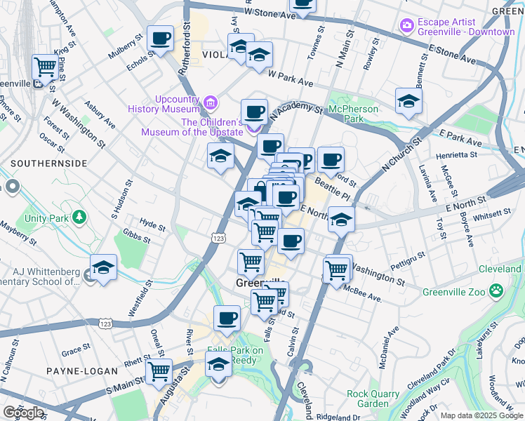 map of restaurants, bars, coffee shops, grocery stores, and more near 66 Richardson Street in Greenville