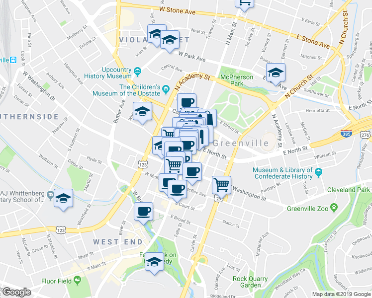 map of restaurants, bars, coffee shops, grocery stores, and more near 117 North Main Street in Greenville