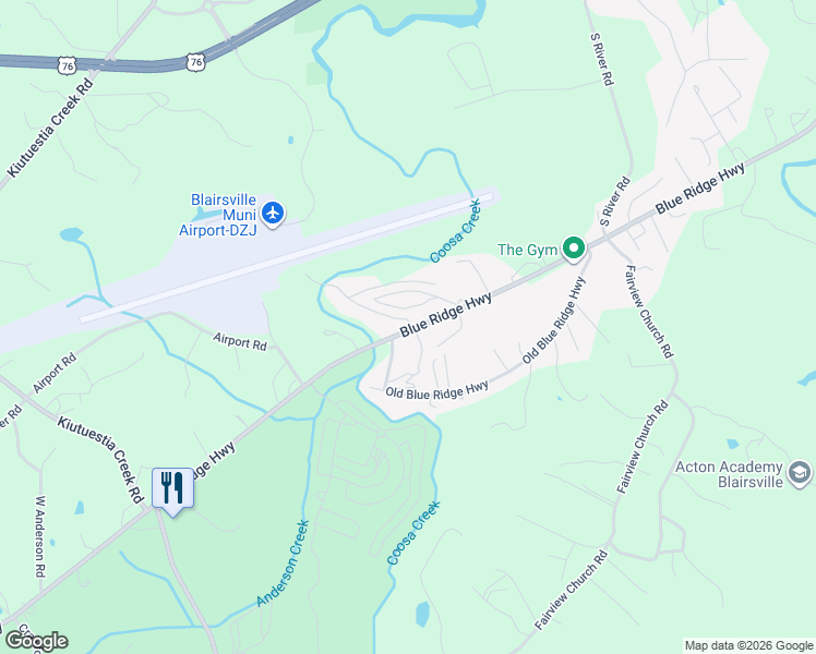 map of restaurants, bars, coffee shops, grocery stores, and more near 1673 Rachel Road in Blairsville