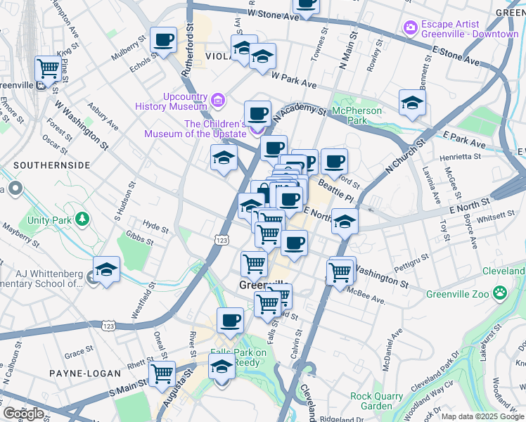 map of restaurants, bars, coffee shops, grocery stores, and more near 66 Richardson Street in Greenville