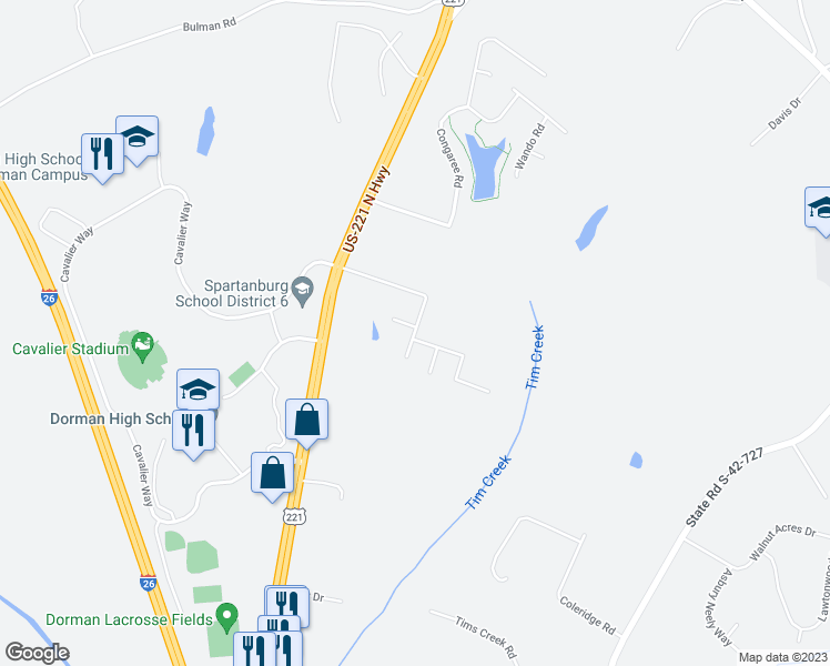 map of restaurants, bars, coffee shops, grocery stores, and more near Etowah Drive in Roebuck