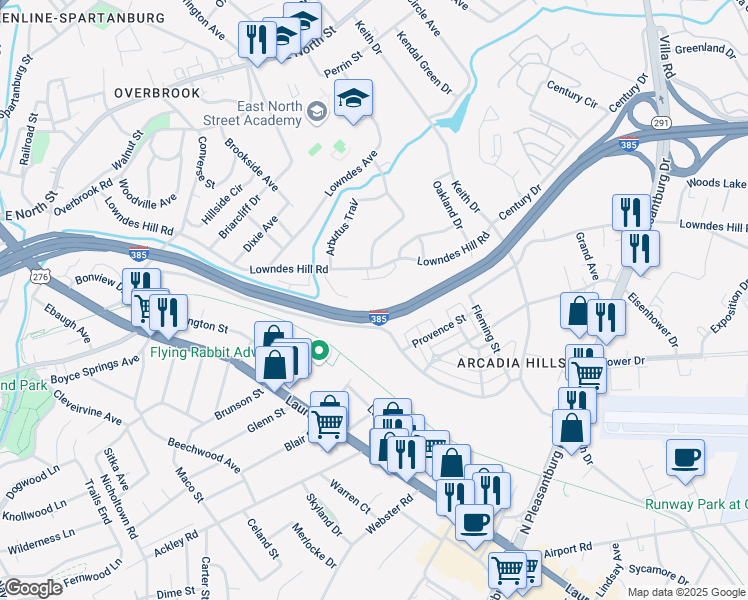map of restaurants, bars, coffee shops, grocery stores, and more near 520 Lowndes Hill Road in Greenville