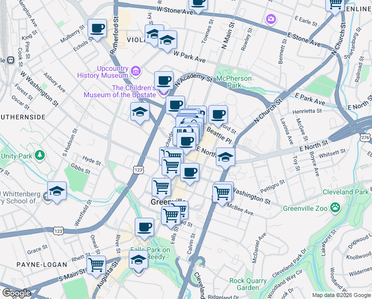 map of restaurants, bars, coffee shops, grocery stores, and more near 200 North Main Street in Greenville