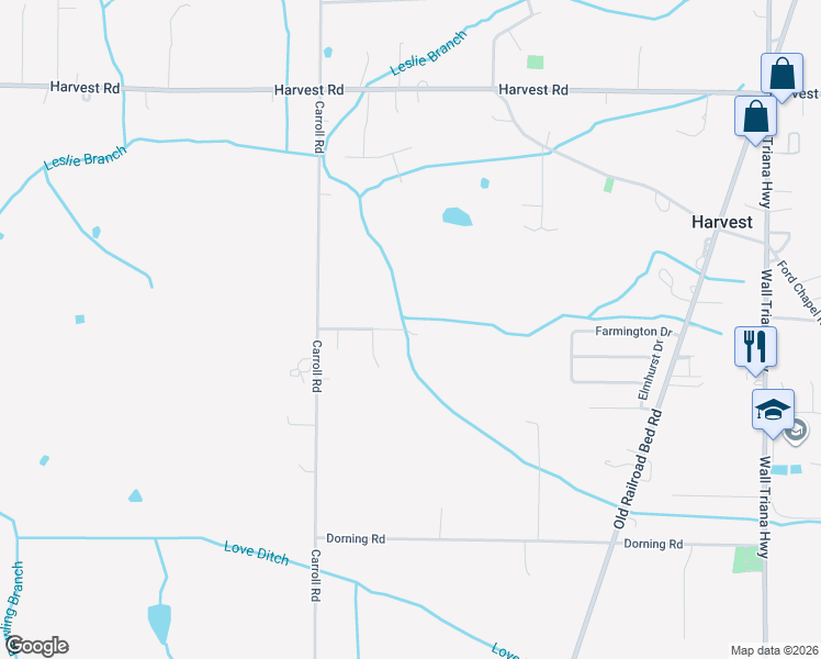 map of restaurants, bars, coffee shops, grocery stores, and more near 747 Carroll Road in Harvest
