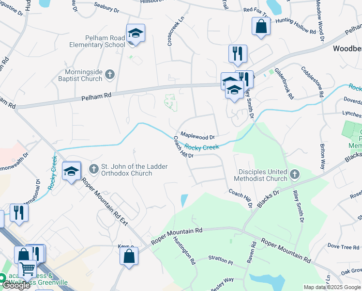 map of restaurants, bars, coffee shops, grocery stores, and more near 4916 Coach Hill Drive in Greenville