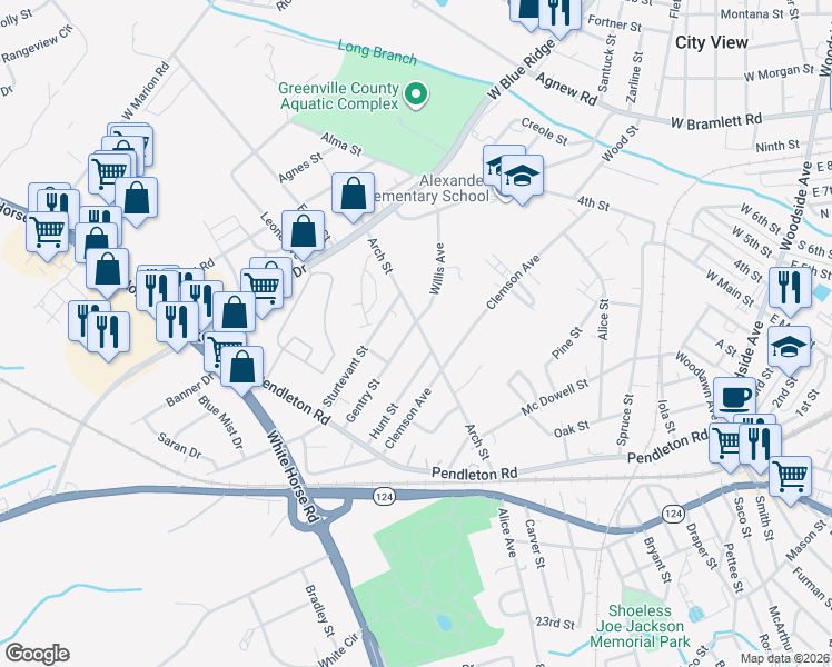map of restaurants, bars, coffee shops, grocery stores, and more near 45 Gentry Street in Greenville