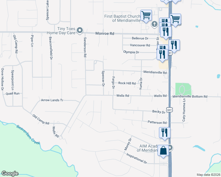 map of restaurants, bars, coffee shops, grocery stores, and more near 130 Fargo Drive in Meridianville