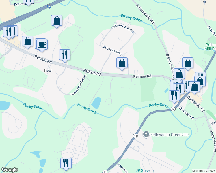 map of restaurants, bars, coffee shops, grocery stores, and more near 14 Pelham Ridge Drive in Greenville
