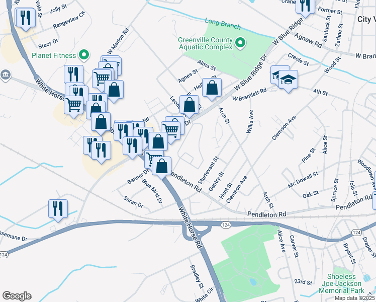 map of restaurants, bars, coffee shops, grocery stores, and more near 5001 Assembly View Circle in Greenville