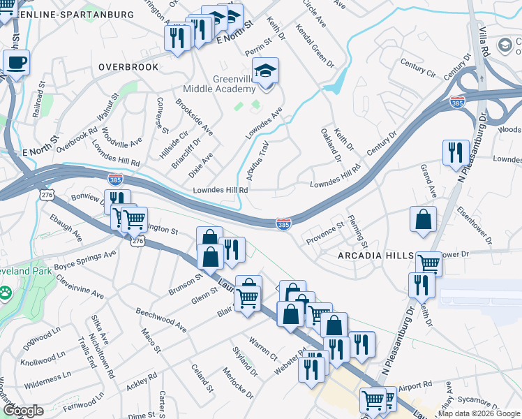 map of restaurants, bars, coffee shops, grocery stores, and more near 29 Oakley Drive in Greenville