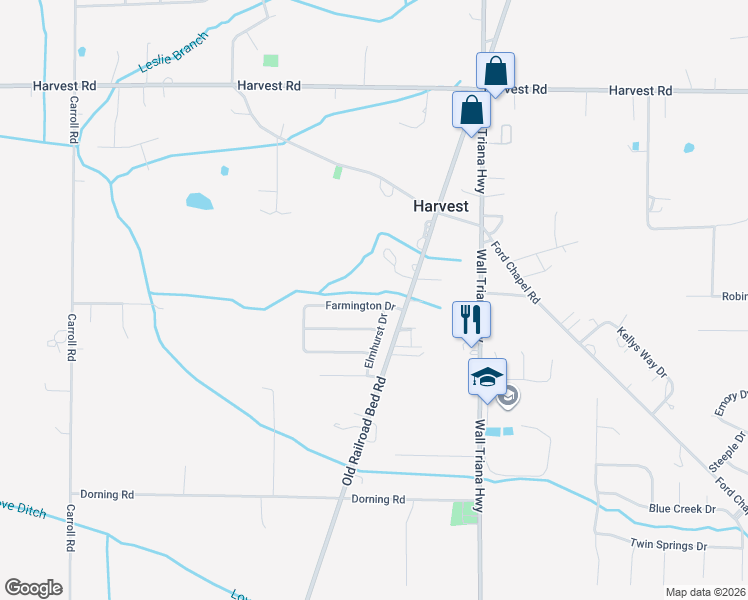 map of restaurants, bars, coffee shops, grocery stores, and more near 218 Farmington Drive in Harvest