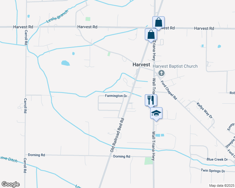 map of restaurants, bars, coffee shops, grocery stores, and more near 218 Farmington Drive in Harvest