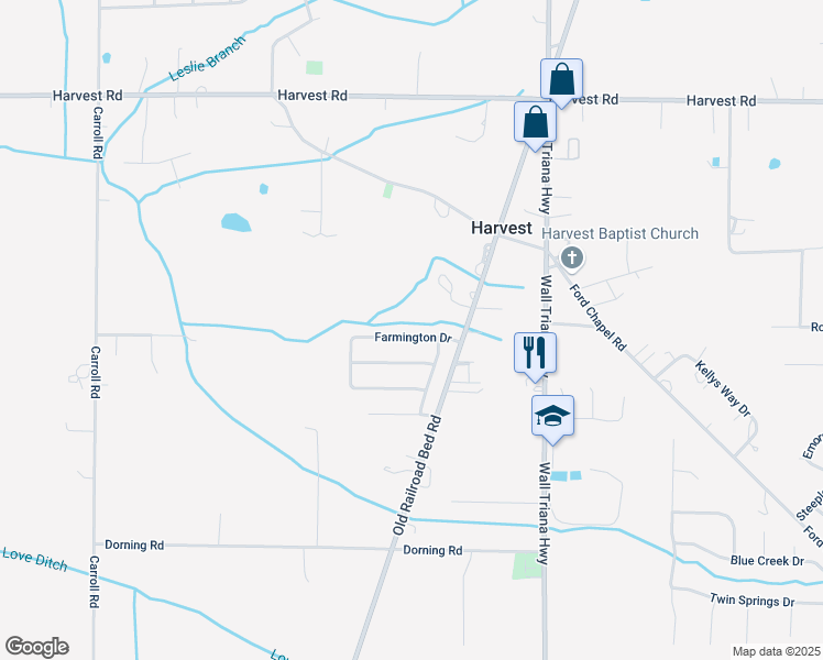 map of restaurants, bars, coffee shops, grocery stores, and more near 218 Farmington Drive in Harvest