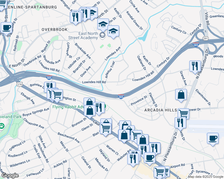 map of restaurants, bars, coffee shops, grocery stores, and more near 506 Lowndes Hill Road in Greenville