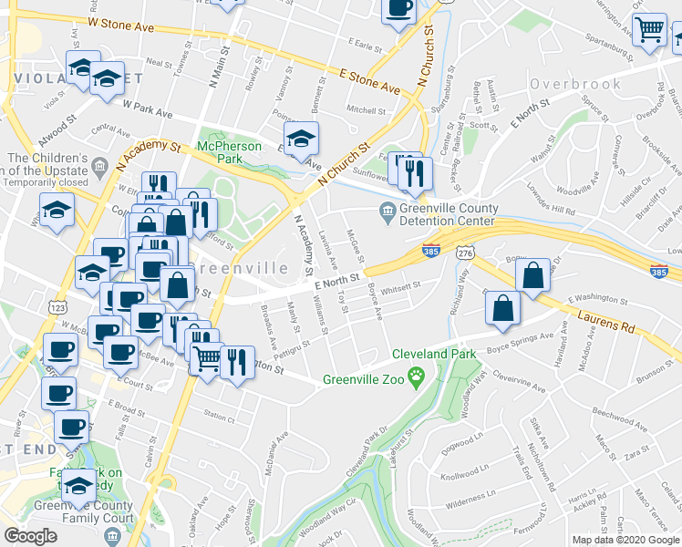 map of restaurants, bars, coffee shops, grocery stores, and more near 803 East North Street in Greenville