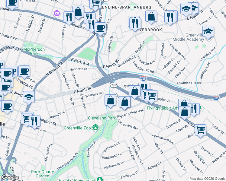 map of restaurants, bars, coffee shops, grocery stores, and more near 124 Ebaugh Avenue in Greenville