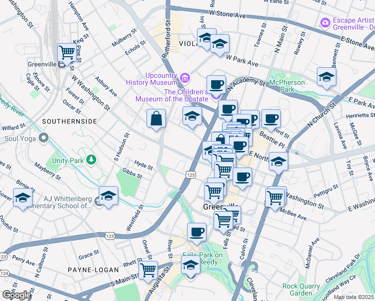 map of restaurants, bars, coffee shops, grocery stores, and more near 322 West Washington Street in Greenville