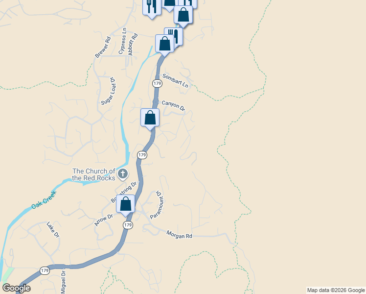 map of restaurants, bars, coffee shops, grocery stores, and more near 71 Moore Drive in Sedona