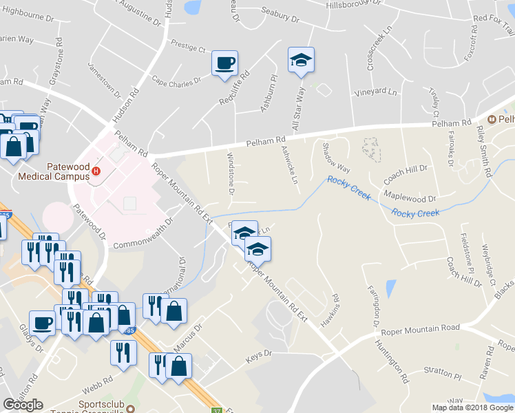 map of restaurants, bars, coffee shops, grocery stores, and more near 214 Windstone Court in Greenville