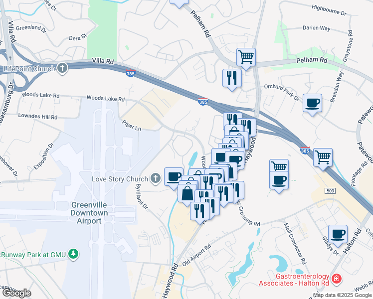 map of restaurants, bars, coffee shops, grocery stores, and more near 3003 Glen Forest Drive in Greenville