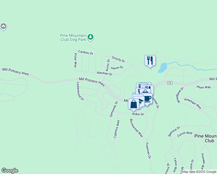 map of restaurants, bars, coffee shops, grocery stores, and more near 2616 Beechwood Way in Pine Mountain Club