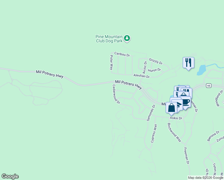 map of restaurants, bars, coffee shops, grocery stores, and more near 2605 Cedarwood Drive in Pine Mountain Club