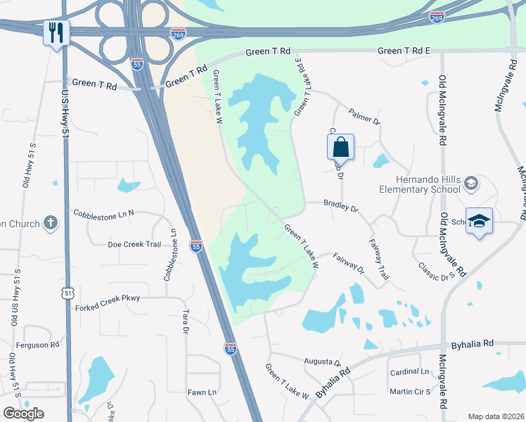 map of restaurants, bars, coffee shops, grocery stores, and more near 541 Green T Lake West in Hernando