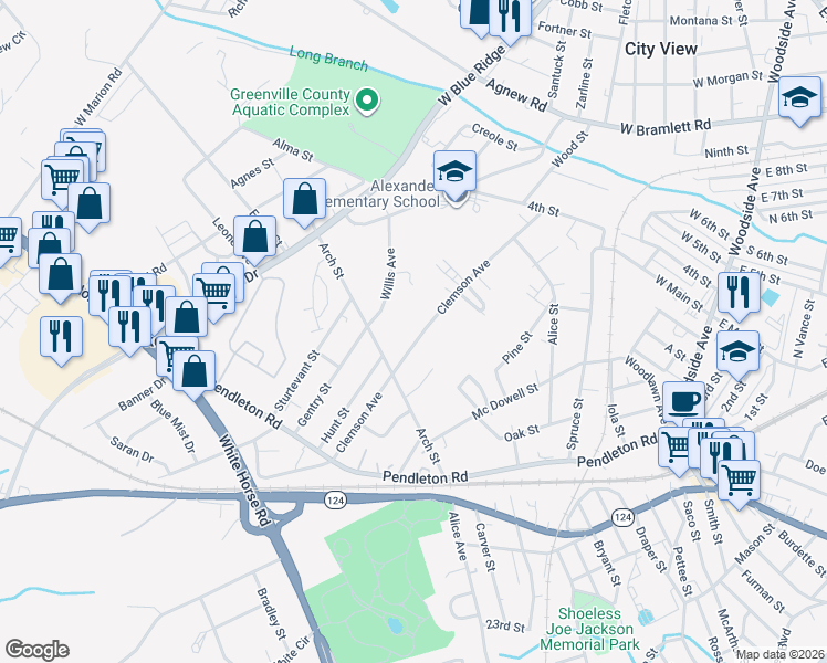 map of restaurants, bars, coffee shops, grocery stores, and more near 211 Clemson Avenue in Greenville