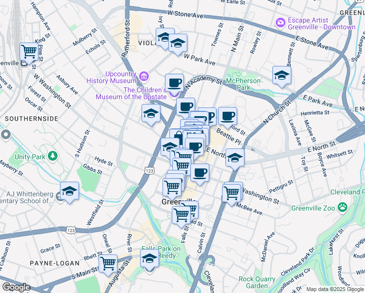 map of restaurants, bars, coffee shops, grocery stores, and more near 66 Richardson Street in Greenville