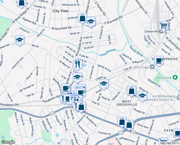 map of restaurants, bars, coffee shops, grocery stores, and more near 25 North Vance Street in Greenville