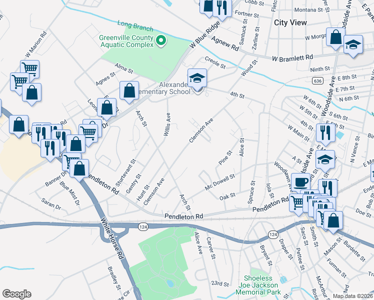 map of restaurants, bars, coffee shops, grocery stores, and more near 218 Clemson Avenue in Greenville