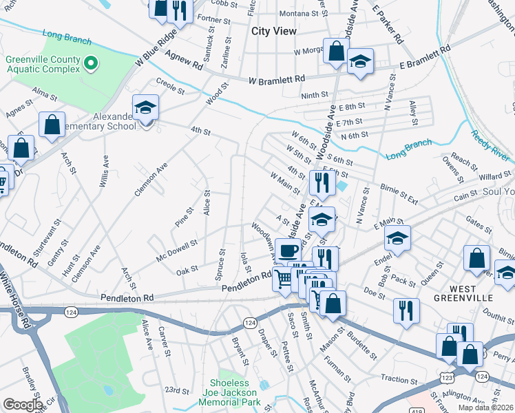 map of restaurants, bars, coffee shops, grocery stores, and more near 508 Spring St in Greenville