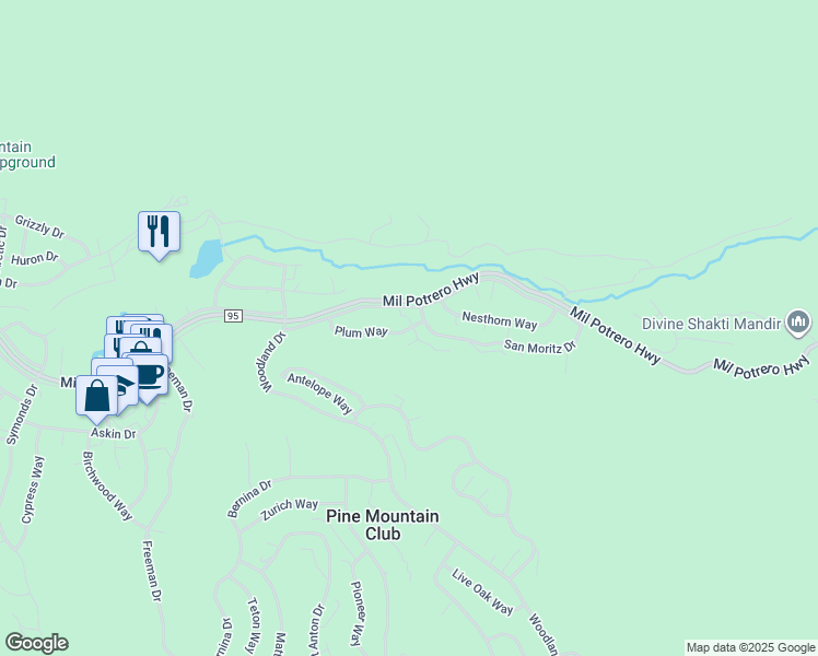 map of restaurants, bars, coffee shops, grocery stores, and more near 15624 Berne Lane in Pine Mountain Club