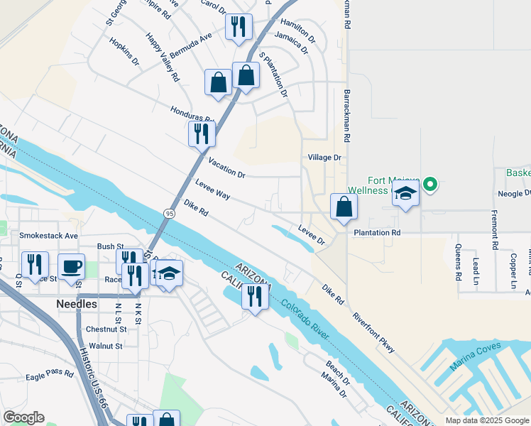 map of restaurants, bars, coffee shops, grocery stores, and more near 1330 Levee Way in Mohave Valley