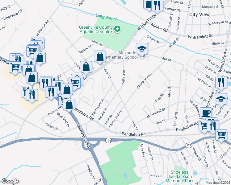 map of restaurants, bars, coffee shops, grocery stores, and more near 45 Gentry Street in Greenville