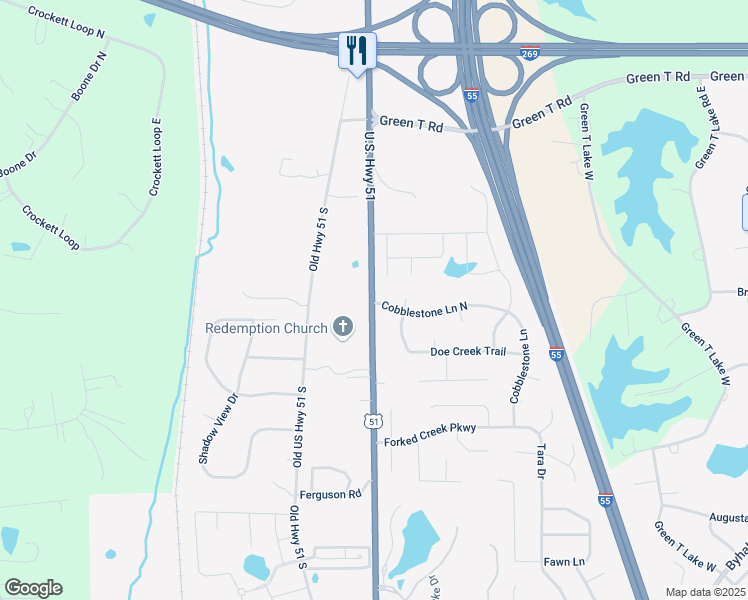 map of restaurants, bars, coffee shops, grocery stores, and more near 345 U.S. 51 in Hernando