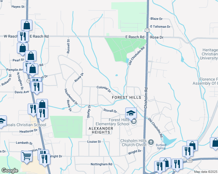 map of restaurants, bars, coffee shops, grocery stores, and more near 234 Colonial Court in Florence