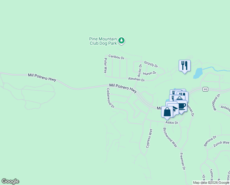map of restaurants, bars, coffee shops, grocery stores, and more near 16713 Sequoia Way in Pine Mountain Club