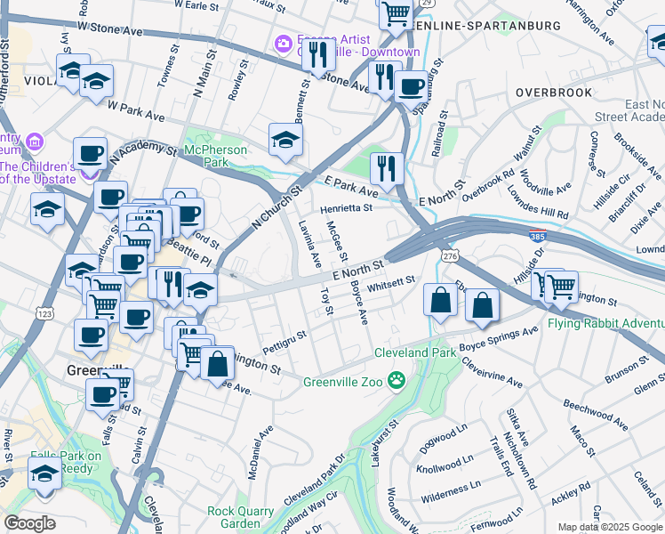 map of restaurants, bars, coffee shops, grocery stores, and more near 803 East North Street in Greenville