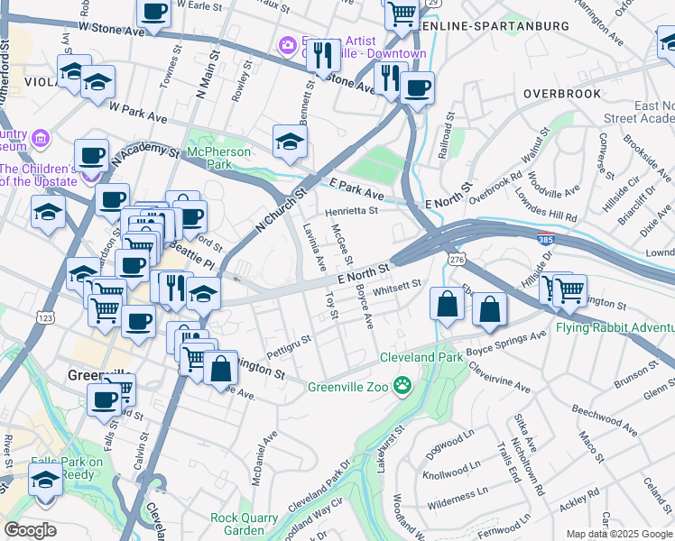 map of restaurants, bars, coffee shops, grocery stores, and more near 803 East North Street in Greenville