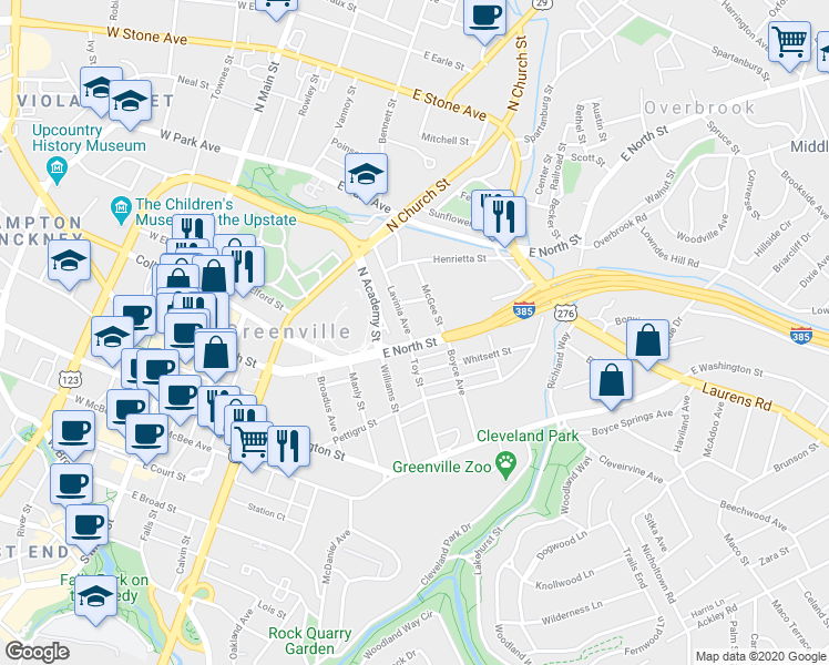 map of restaurants, bars, coffee shops, grocery stores, and more near 803 East North Street in Greenville