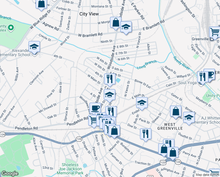 map of restaurants, bars, coffee shops, grocery stores, and more near 92 East Main Street in Greenville