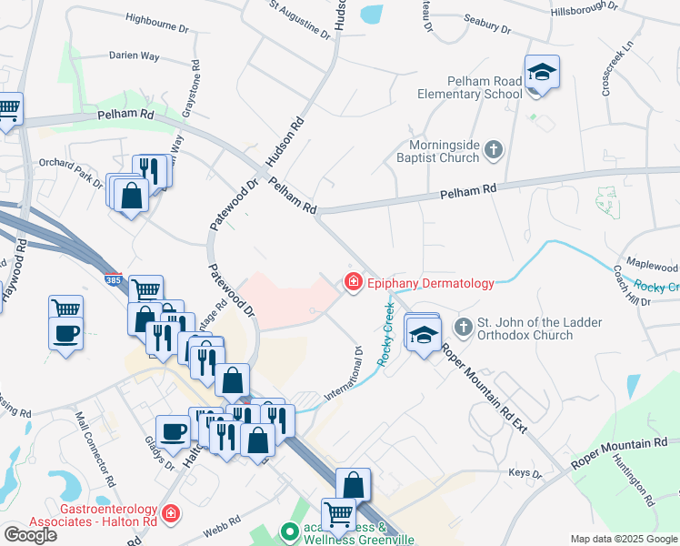 map of restaurants, bars, coffee shops, grocery stores, and more near 275 Commonwealth Drive in Greenville